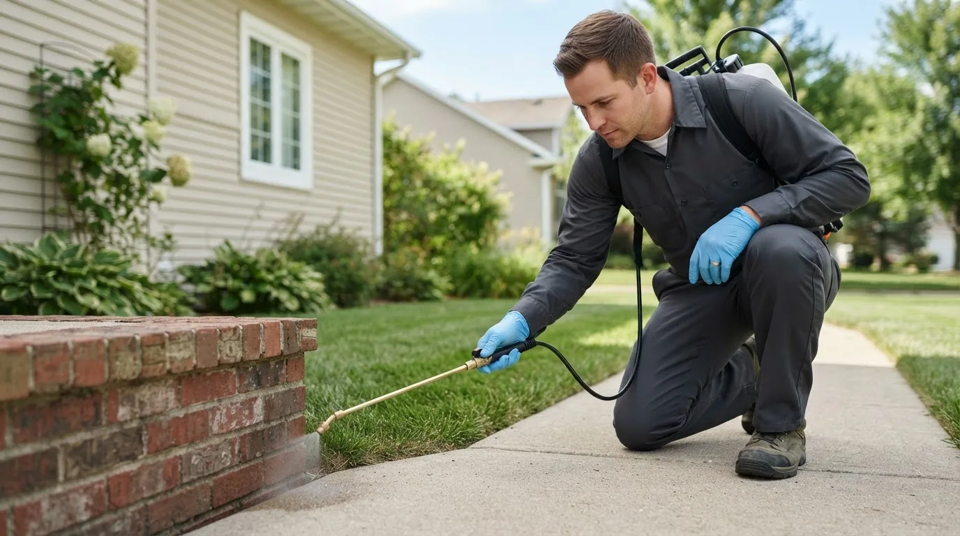 Pest control technician treating a home near Barhamsville, VA