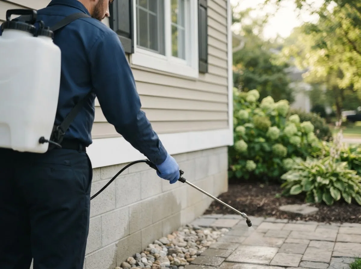 Pest control technician inspecting a home in Barhamsville, VA